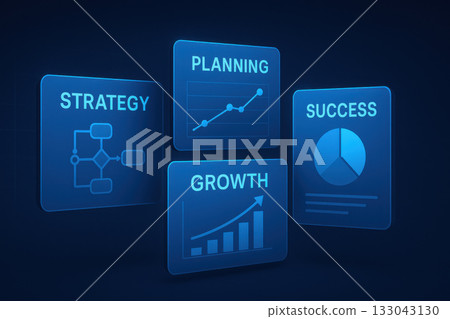 Futuristic business concept with floating dashboard panels for strategy, planning, growth, and success. Digital interface with analytics technology showing professional approach to achievement Futuristic business concept with floating dashboard panels for strategy, planning, growth, and success. Digital interface with analytics technology showing professional approach to achievement 133043130