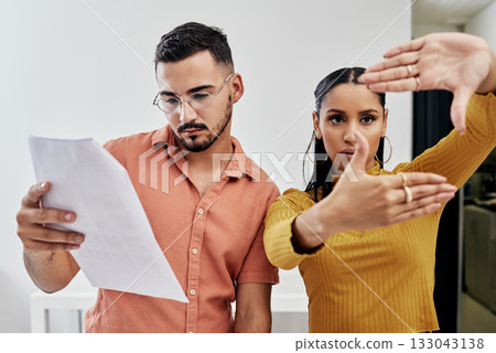 Hand frame, vision idea and designer team photography check with a woman art director. Camera shot hands gesture, creative assistant and studio project of photographer group with job focus and ideas 133043138