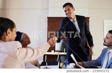 B2B, support and handshake business people welcome, partnership and hiring contract success deal or networking. Trust, thank you and collaboration lawyer shaking hands for corporate meeting review 133043172