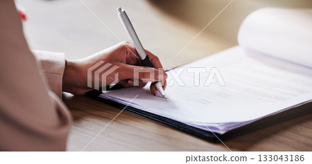 Legal, hands and contract sign with woman planning on documents for partnership, b2b and agreement. Lawyer, financial advisor and paperwork signature for compliance, deal review or insurance policy 133043186