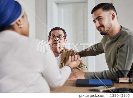 Legal advice, meeting and senior woman with lawyer or attorney for support, negotiation and compensation. Investment, pension and elderly mother with professional people, advisory help and retirement 133043195