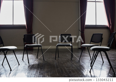 Group therapy, mental health or circle chairs in empty room, clinic or asylum building for trauma, ptsd or anxiety counselling. Furniture, support or community psychology counseling for help meeting 133043211