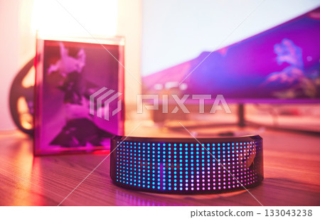 Vr, metaverse and virtual reality glasses on table for 3d gaming, internet or future technology. Futuristic, headset or ai, ar or digital transformation for cyber neon, fantasy or simulation software 133043238