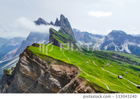 Wonderful landscape of the Dolomites Alps in summer. Odle mounta Wonderful landscape of the Dolomites Alps in summer. Odle mounta 133043240