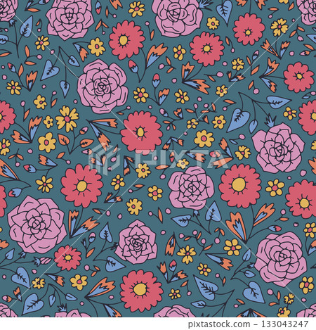 Colorful ditsy floral seamless pattern on blue background Colorful ditsy floral seamless pattern on blue background 133043247