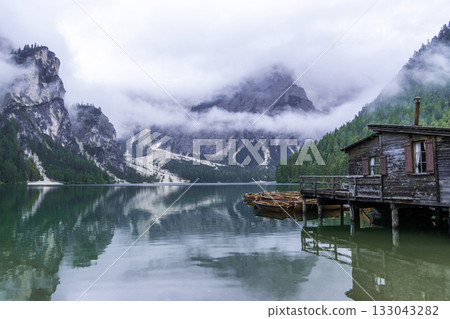Lago di Braies lake and Seekofel peak, Dolomites. Italy 133043282