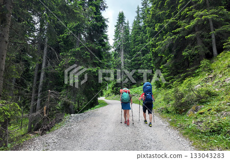 Back view of a couple hiking with large backpacks to along mountain 133043283