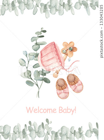 Watercolor baby shower, conformation or christening invitation for a baby girl with pink bonnet and booties with wooden rattle and eucalyptus bouquet. Perfect for newborn party or birth celebration Watercolor baby shower, conformation or christening invitation for a baby girl with pink bonnet and booties with wooden rattle and eucalyptus bouquet. Perfect for newborn party or birth celebration 133043285