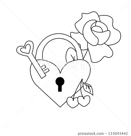 Heart Shaped Lock, key, rose and cherry Valentine's Day composition. Vector graphic line illustration. design for fashion graphics, textile prints, fabrics, wallpapers. Heart Shaped Lock, key, rose and cherry Valentine's Day composition. Vector graphic line illustration. design for fashion graphics, textile prints, fabrics, wallpapers. 133043442