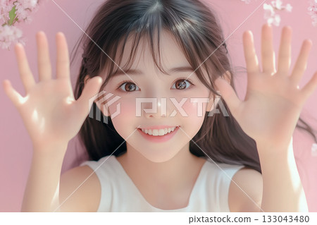 可愛的小女孩在粉紅色背景下張開雙臂微笑 可愛的小女孩在粉紅色背景下張開雙臂微笑 133043480