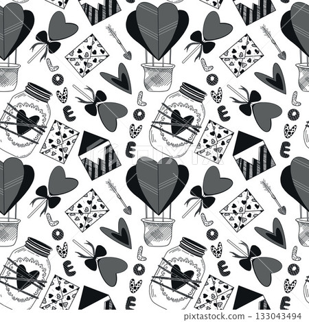 Seamless vector pattern for Valentine's Day. Balloons in the form of hearts, love letters, Cupid's arrows. Everything is hand-drawn in ink and translated into vector. For printing on paper and fabric. 133043494