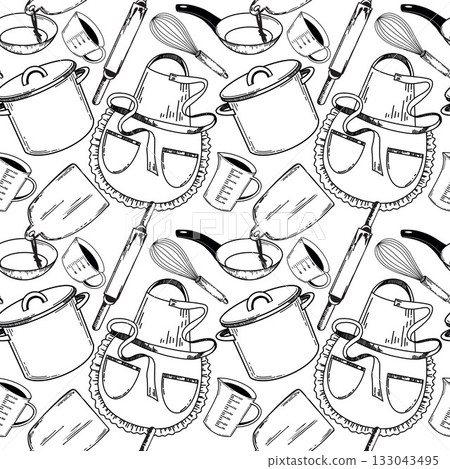 A seamless vector pattern on the theme of the kitchen, a cooking apron, a fire pit, a frying pan, a rolling pin, other kitchen utensils hand-drawn. For printing on kitchen textiles, kitchen packaging. A seamless vector pattern on the theme of the kitchen, a cooking apron, a fire pit, a frying pan, a rolling pin, other kitchen utensils hand-drawn. For printing on kitchen textiles, kitchen packaging. 133043495