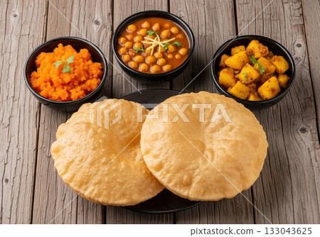 Traditional Indian breakfast Halwa Puri with chana masala potato curry and suji halwa on a table 133043625