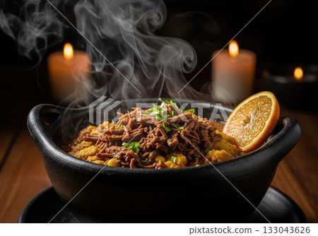Steaming hot traditional nicaraguan indio viejo stew with shredded beef in a black clay bowl 133043626
