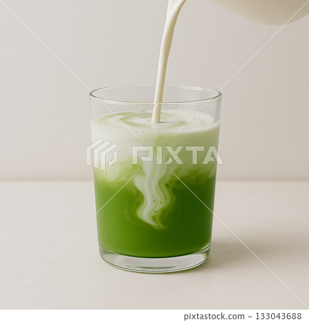 The moment the milk dissolves in the matcha latte The moment the milk dissolves in the matcha latte 133043688