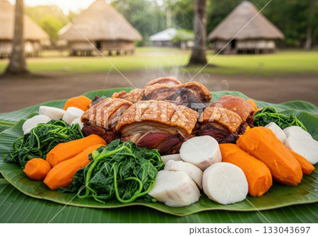 Mumu a traditional papua new guinean feast with roasted pork and root vegetables on a banana leaf 133043697