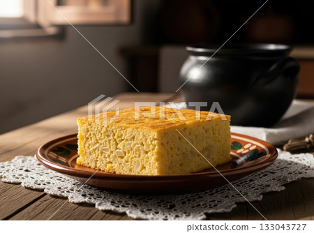 Slice of sopa paraguaya a traditional savory cornbread from paraguay served in a rustic setting 133043727