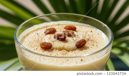 Traditional thiakry a west african sweet millet pudding served with raisins and condensed milk 133043734