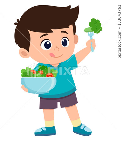 happy cute kid boy holding fresh vegetable in bowl of illustration 133043763