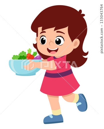 happy cute kid girl holding fresh vegetable in bowl of illustration happy cute kid girl holding fresh vegetable in bowl of illustration 133043764