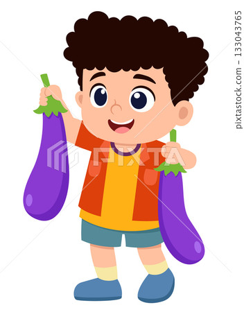 happy cute kid boy holding fresh vegetable of illustration 133043765