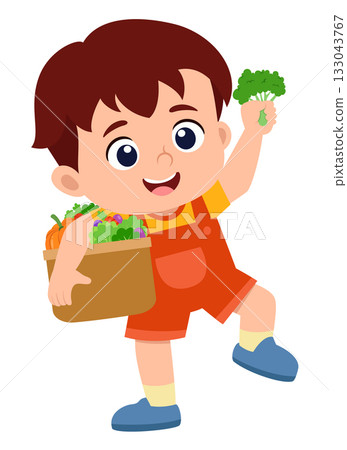 happy cute kid boy holding fresh vegetable in basket of illustration 133043767