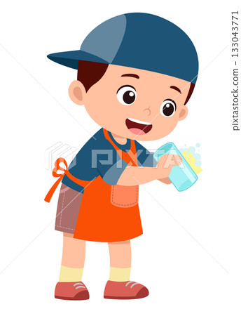 happy cute little boy washing glass of illustration 133043771