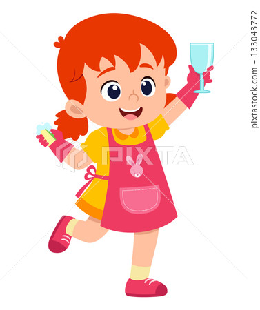happy cute little girl washing glass of illustration 133043772