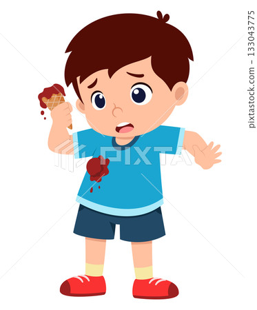 cute little kid stand and the ice cream falling to the ground 133043775