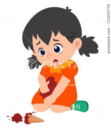 cute little kid sitting and the ice cream falling to the ground of illustration 133043778