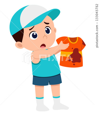 Boy was sad to see his clothes dirty with mud of illustration Boy was sad to see his clothes dirty with mud of illustration 133043782