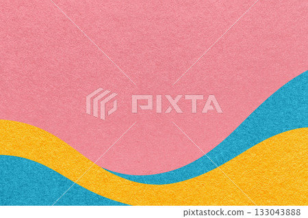 Textured rose paper background with turquoise and yellow wavy lines and waves, copy space for banner, presentation 133043888