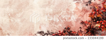 Festive new year and christmas holiday card design with red berries and pine branches. Horizontal banner. Copy space. Watercolor illustartion. Vintage postcard Festive new year and christmas holiday card design with red berries and pine branches. Horizontal banner. Copy space. Watercolor illustartion. Vintage postcard 133044199