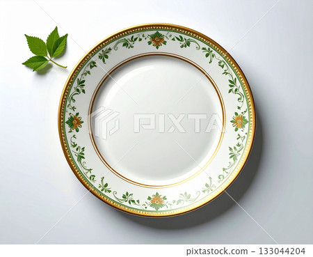 Classic patterns. Ceramic plate with a green and gold pattern on a white background. Porcelain kitchenware. Close-up. Top view. Classic patterns. Ceramic plate with a green and gold pattern on a white background. Porcelain kitchenware. Close-up. Top view. 133044204