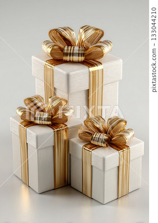 Premium packaging. Elegant square boxes wrapped with a bow on white background. Jewelry, birthdays, Christmas and luxury branding. Premium packaging. Elegant square boxes wrapped with a bow on white background. Jewelry, birthdays, Christmas and luxury branding. 133044210