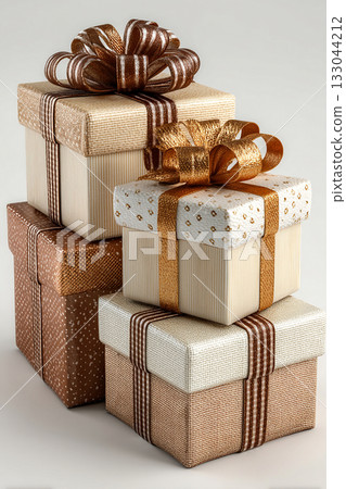 Christmas decor. Elegant square boxes wrapped with a bow on white background. Jewelry, birthdays, Christmas and luxury branding. Christmas decor. Elegant square boxes wrapped with a bow on white background. Jewelry, birthdays, Christmas and luxury branding. 133044212