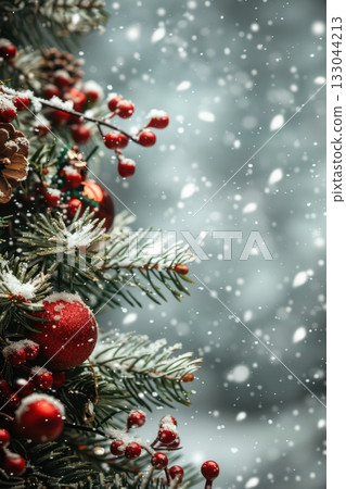 Festive christmas and new year decoration with snowy pine branches and red ornaments. Vertical banner. Copy space Festive christmas and new year decoration with snowy pine branches and red ornaments. Vertical banner. Copy space 133044213