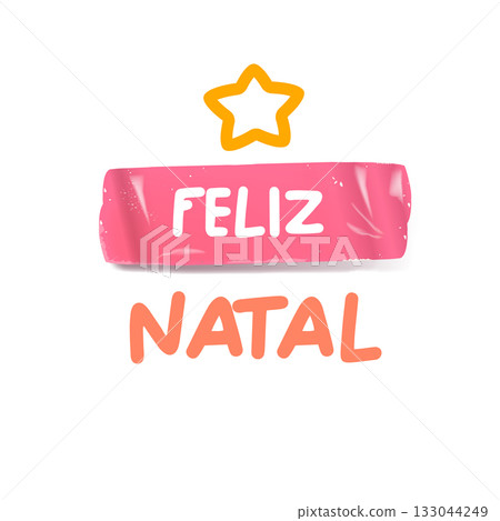 Feliz Natal Merry Christmas in Brazilian Portuguese quote pink sticker vector design, creative holiday typography, modern graphic art for cards, invitations, social media banners. Feliz Natal text 133044249