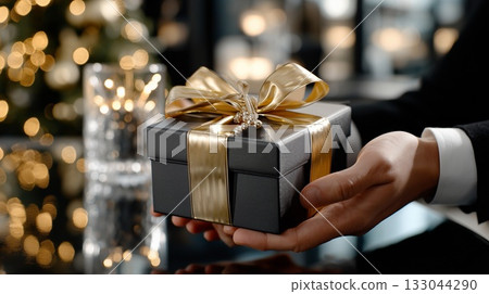 Person holding elegant gift box with golden ribbon, offering a thoughtful present for celebratory occasions and special moments like holidays, anniversaries, or Christmas 133044290