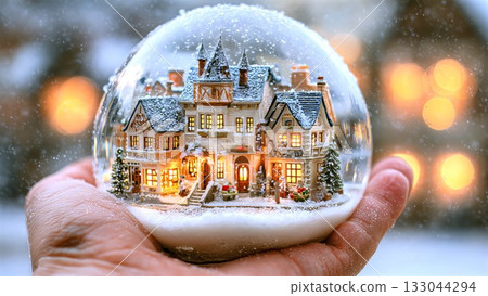 Hand holding a sparkling snow globe with a miniature winter village house, creating a magical Christmas holiday scene with falling snow and glowing lights 133044294