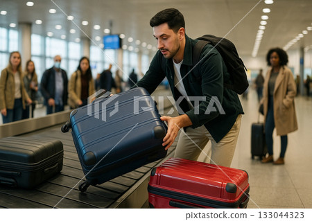 Travelers collecting their suitcases at the airport baggage claim area 133044323