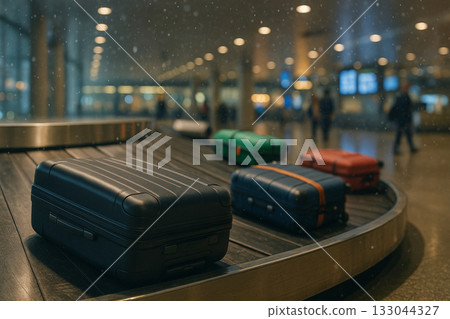 Travelers collecting their suitcases at the airport baggage claim area 133044327