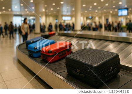 Travelers collecting their suitcases at the airport baggage claim area 133044328