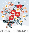 Korean January Flowers Vector Illustration of Winter Blooms: Camellia, Plum Blossom, and Narcissus 133044453