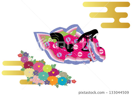 身穿日本傳統服裝「浮裝」的女子。背景是花朵和薄霧的插圖。 身穿日本傳統服裝「浮裝」的女子。背景是花朵和薄霧的插圖。 133044509