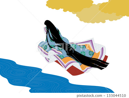A woman wearing a traditional Japanese costume, "Ukigi," from behind. Background illustration of clouds and a river 133044510