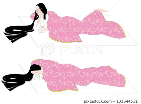 一幅描繪一位年輕女子在床上沉思入睡的日本平安時代風格的插圖 133044511