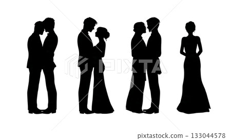Relaxed Wedding Couple Leaning Back-to-Back Silhouette Relaxed Wedding Couple Leaning Back-to-Back Silhouette 133044578