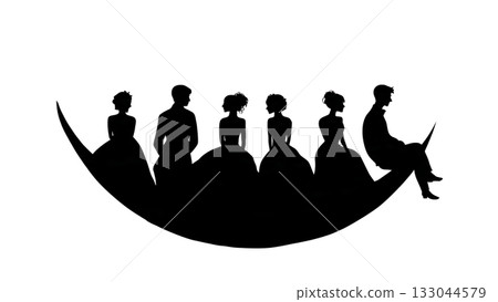Wedding Couple on Crescent Moon Silhouette Set 133044579