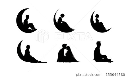 Wedding Couple on Crescent Moon Silhouette Set Wedding Couple on Crescent Moon Silhouette Set 133044580